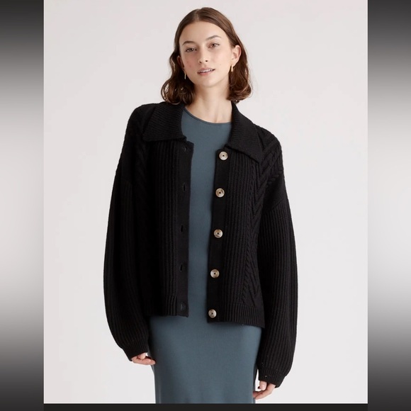 QUINCE Australian Merino Wool Collared Cable Cardigan - Picture 2 of 9